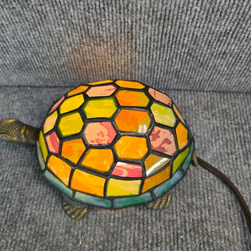 Vintage Tiffany Style Stained Glass Turtle Table Lamp Brass 8" Multicolor - Picture 8 of 8